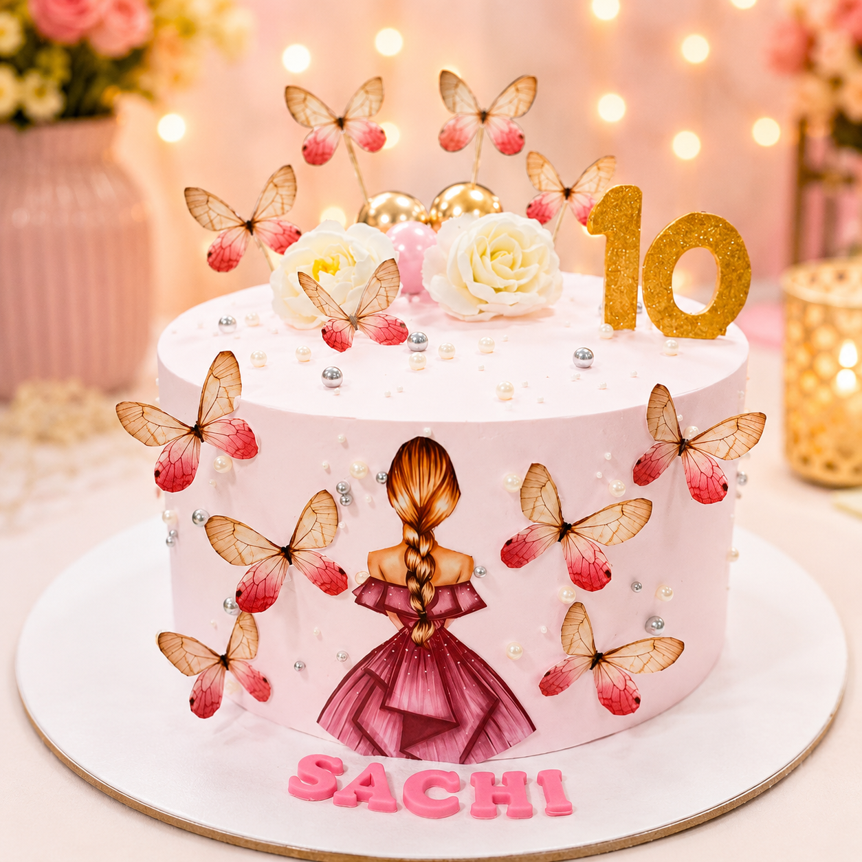 Pastel celebration cake with butterflies