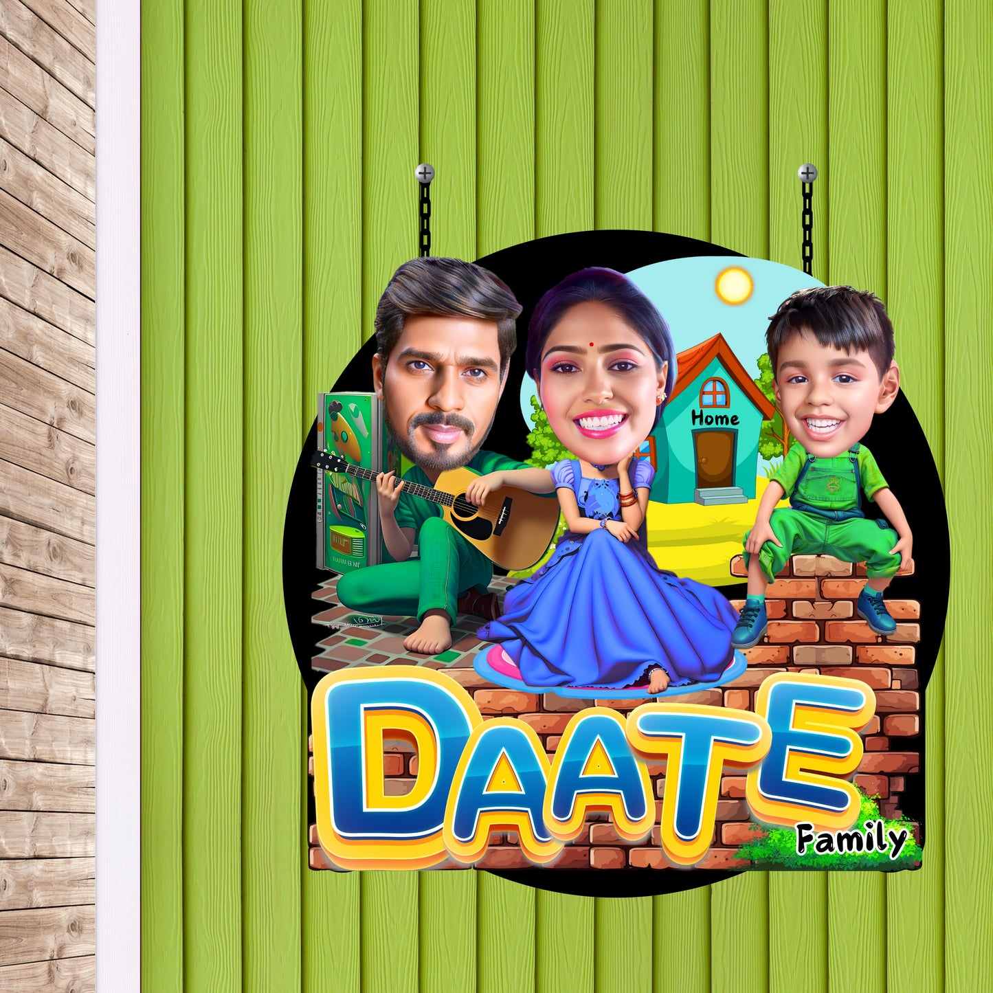 Family Caricature Door Name Plate-Circle Shaped