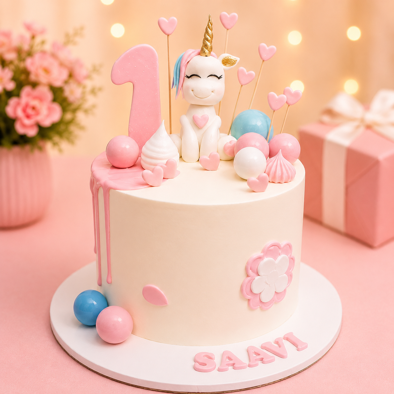 Unicorn-themed first birthday cake