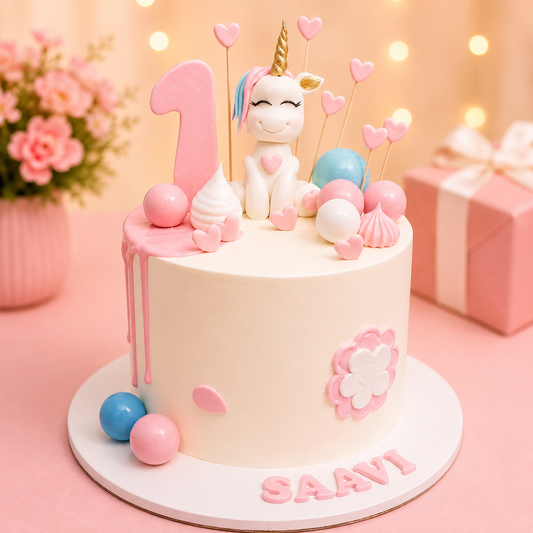 Unicorn-themed first birthday cake